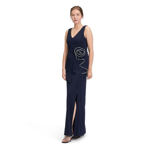 Abendkleid VERA MONT "Damen mit Volant", Damen, Gr. 36, Normalgrößen, blau (night sky), Crêpe, Obermaterial: 95% Polyester, 5% Elasthan; Futter: 100% Polyester, figurumspielend lang, V-Ausschnitt, Kleider Abendkleid