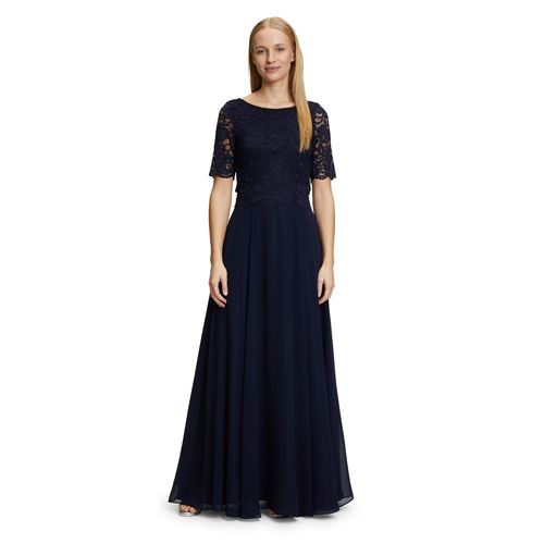Abendkleid VERA MONT "Damen mit Spitze", Damen, Gr. 38, Normalgrößen, blau (night sky), Obermaterial: 100% Polyester. Futter: 100% Polyester., ausgestellt lang, Rundhals, Kleider Abendkleid, Spitze