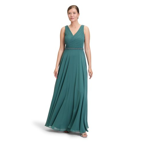 Abendkleid VERA MONT "Damen mit Plissee", Damen, Gr. 50, Normalgrößen, schwarz emerald, Chiffon, Obermaterial: 100% Polyester recycelt. Futter: 100% Polyester., festlich, ausgestellt lang, V-Ausschnitt, Kleider Abendkleid