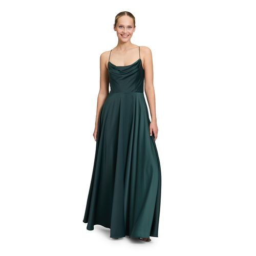Abendkleid VERA MONT "Damen mit Wasserfallausschnitt", Damen, Gr. 34, Normalgrößen, grün (dusty slate), Satin, Obermaterial: 97% Polyester, 3% Elasthan; Futter: 100% Polyester, figurumspielend lang, Wasserfallausschnitt, Kleider Abendkleid, Material