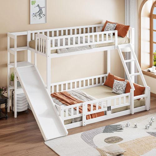 okwish Etagenbett, Kinderbett 140 x 200cm, Geländer, Kiefernholz, Rutsche, Stufen, En747, Mehrere Regale, Ohne Matratze, Weiß