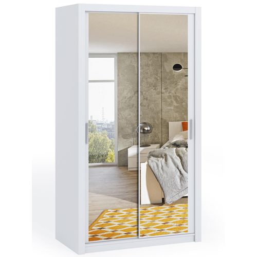Schwebetürenschrank BONO 120 cm+Spiegel weiß Schiebeschrank mit zwei Kleiderstangen