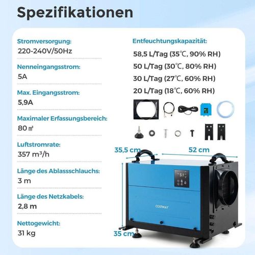 Kommerzieller Luftentfeuchter, 3 Modi, 24-Stunden-Timer, 58 l/Tag Kapazität