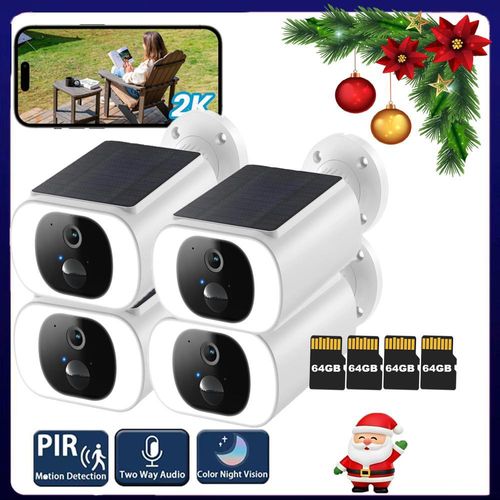 Kamera Überwachung Aussen, 2K Auflösung, Überwachungskamera Aussen Akku, Solar, 2,4GHz WLAN 15M Farbe Nachtsicht 64GB