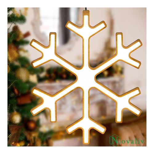 Novaliv LED Schneeflocke Lampe 30cm Ø Naturholz Hängelampe Wohnzimmer LED Warmweiß Flocke beleuchtet innen - Innendeko Fensterdeko für Weihnachtszeit Nachttischlampe Weihnachtsbeleuchtung