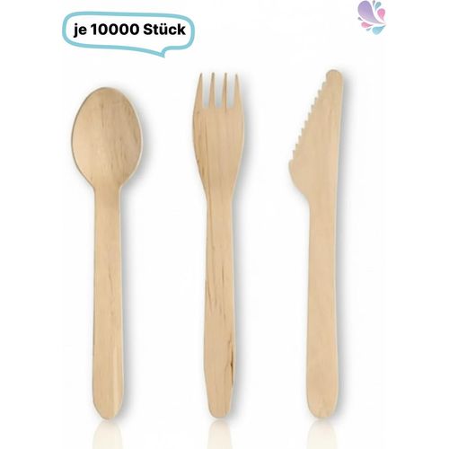 SET: Löffel + Gabel + Messer aus Holz Einwegbesteck, 30.000 Stk, natur, biologisch abbaubar