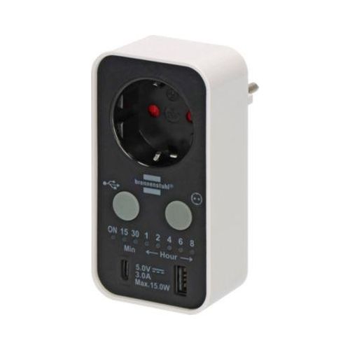 Brennenstuhl Timer-Steckdose mit LED-Anzeige, 1x USB A, 1x USB-C, Countdown 15 Min bis 8 Std, schwarz/weiß