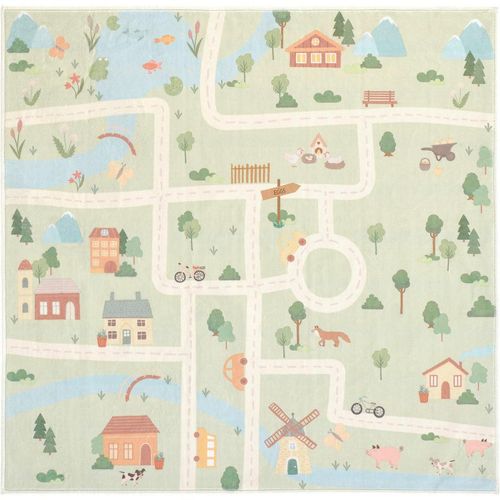 Lindorug Kinderteppich Living Ecovia, waschbar, Pastellblau, Salbeigrün, Aprikose, Textil, Bauernhof, quadratisch, 120x120 cm, Oeko-Tex® Standard 100, für Fußbodenheizung geeignet, rutschfest, in verschiedenen Größen erhältlich, wasserabweisend, schmutzabweisend, Hausstauballergiker feuchtraumgeeignet, stuhlrollengeeignet, waschbar, pflegeleicht, strapazierfähig, reißfest, rutschfeste Unterfläche,