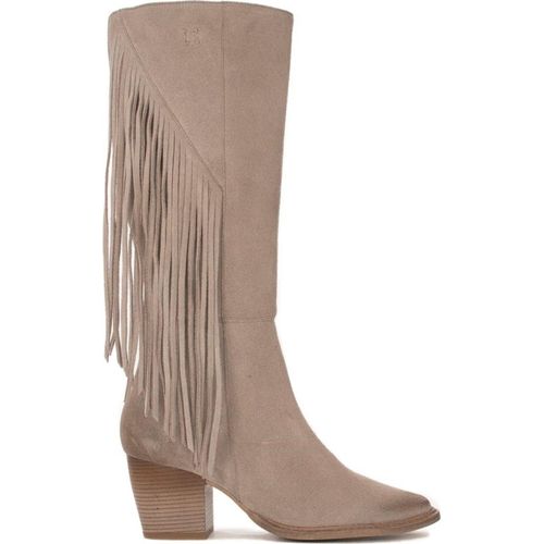 Damen Stiefel aus dunkelbeigem Veloursleder mit Fransen, 6,5 cm Absatz, 38 cm Schaftumfang