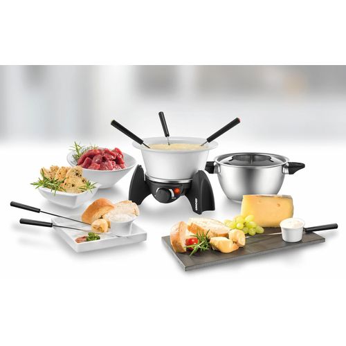 UNOLD Elektro-Fondue "48615", silber (edelstahlfarben), B:24,6cm H:16,5cm T:17,5cm, Fondues, Edelstahl-Fonduetopf plus feuerfestem Keramiktopf