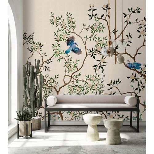 Vliestapete LIVING WALLS "Vogeltapete Beige Grün mit Ästen & Blauen Vögeln", beige, B:2,7m H:0,02m L:4m, Vlies, Tapeten