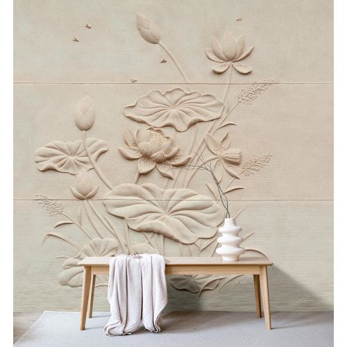 Vliestapete LIVING WALLS "Relief-Tapete mit Lotusblüten Creme Beige 3D", beige, B:2,7m H:0,02m L:4m, Vlies, Tapeten