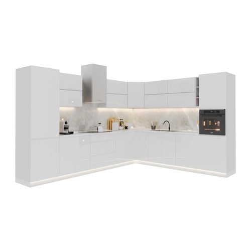 Eckküche / Winkelküche/ L-Küche / Küchenzeile 340x270 cm Glanzia – KU-S19 – Weiß Hochglanz Ohne Arbeitsplatte & Elektrogeräte Eckküche L-FORM Küchenzeile Küche L-Form Einbauküche Küchenblock Image