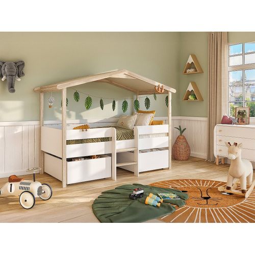 SAROSI Bett in Landhausform mit Schubladen - 90 × 190 cm - Lindenholz - weiß und eichefarben