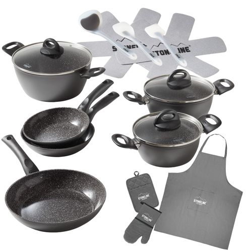 Topf-Set STONELINE "STONELINE 17-teiliges Koch-Set, mit Glasdeckeln", schwarz (grau), Töpfe, mit echten Steinpartikeln, induktionsgeeignet