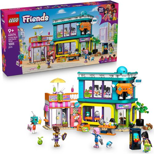 LEGO Friends Comic- und Spieleladen - Modellbau mit funktionierendem Spielzeugautomaten, Slush-Eis-Laden, 4 Minifiguren und Zubehör - Alien und Einhorn - Geschenk für Mädchen ab 9 Jahren - 42674