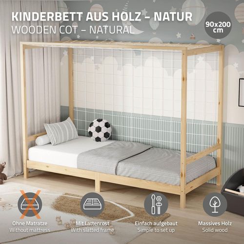 ML-Design Kinderbett Fußballtor 90x200 cm, Natur, Einzelbett für Kinder, Holzbett mit Lattenrost & Tornetz, Jugendbett aus Kiefernholz, Handballtor