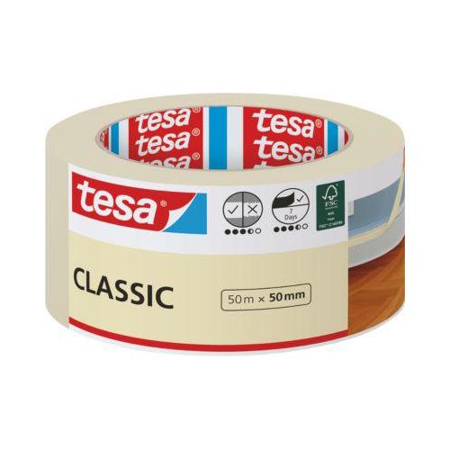 tesa Malerband CLASSIC, 50 m × 50 mm, innen, saubere Kanten, lösungsmittelfrei, rückstandsfrei 10 Tage
