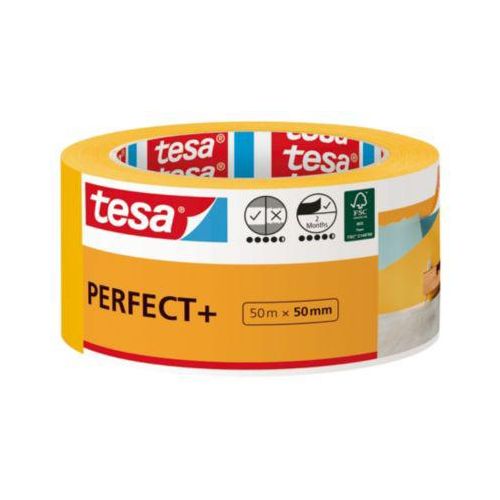 tesa Perfect+ Malerband, 50 m × 50 mm – saubere Farbkanten, reißfest, rückstandsfrei, für Innen