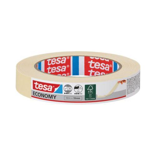 tesa Malerband Economy, 50 m × 19 mm, chamois – glatte Flächen, leicht ablösbar, rückstandsfrei