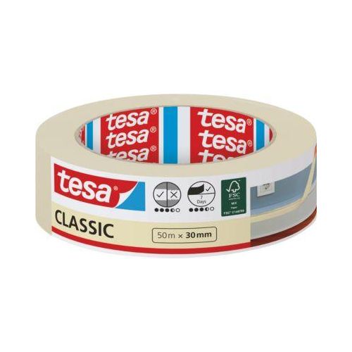 tesa Malerband CLASSIC, 50 m × 30 mm, innen, saubere Kanten, lösungsmittelfrei, rückstandsfrei 10 Tage
