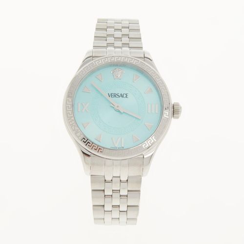 Armbanduhr aus Edelstahl mit türkisfarbenem Zifferblatt