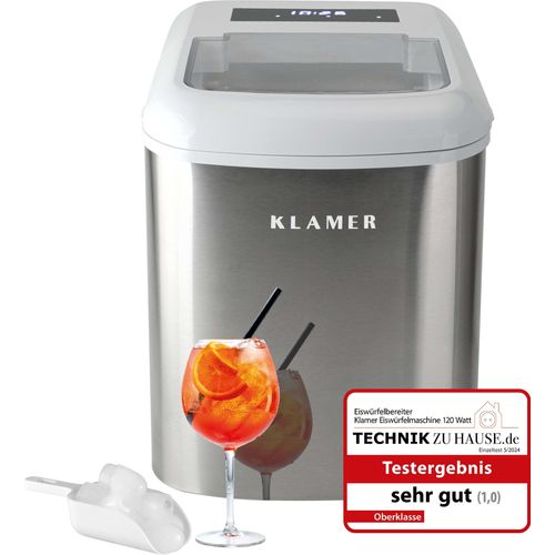 KLAMER Eiswürfelmaschine, 10 Eiswürfel in 7-9 Minuten, 15 kg Eiswürfel pro Tag, 2 Eiswürfelgrößen, 2,1 L Wassertank, 120 W Ice Maker mit Timer, Leiser Eiswürfelbereiter mit Eisschaufel