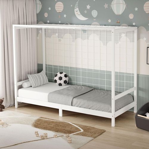 ML-Design Kinderbett Fußballtor 90x200 cm, Weiß, Einzelbett für Kinder, Holzbett mit Lattenrost & Tornetz, Jugendbett aus Kiefernholz, Handballtor