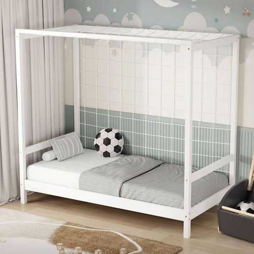 ML-Design Kinderbett Fußballtor 80x160 cm, Weiß, Einzelbett für Kinder, Holzbett mit Lattenrost & Tornetz, Jugendbett aus Kiefernholz, Handballtor