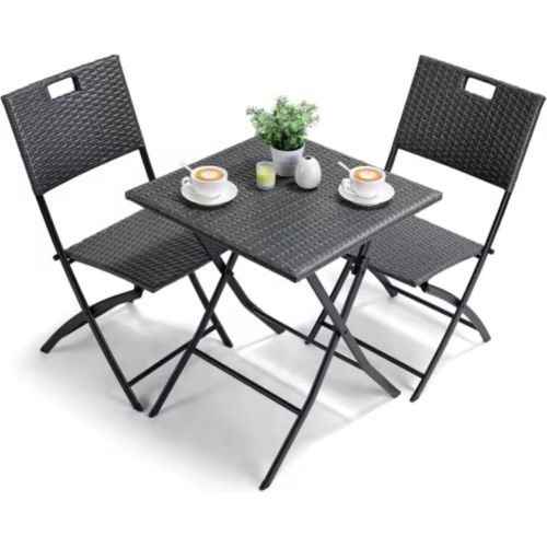 Outdoor Klapttisch Set – 3-teilig – Balkon- & Gartenbistro Set mit 2 Stühlen – Rotan & Metall – Dunkelgrau