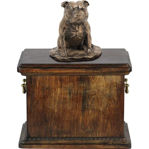 Staffordshire Bull Terrier, Staffordshire Bullterrier eine Urne für die Asche des Hundes, eine Urne mit einer Statue, eine elegante Urne im klassischen Stil der Marke Art-Dog