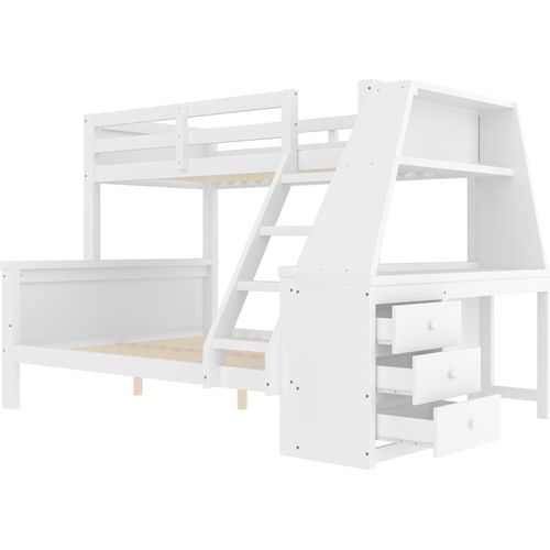 90*200cm+140*200cm Etagenbett, Kinderbett, ausgestattet mit Tisch, großer Stauraum, hohes Geländer,Leiterposition optional, Weiß