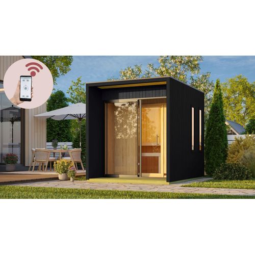 Karibu Saunahaus Außensauna Gartensauna Außensauna CATALINA schwarz 220 x 288 cm inkl. 9kw Ofen und HUUM WIFI Steuergerät Sparset 38mm Wandstärke
