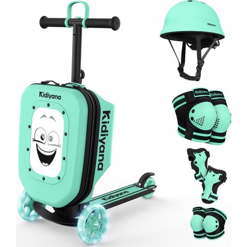 Kidiyana Kinder Scooter mit Koffer Grün + Kinderhelm XS Grün + Schutzausrüstung S – 3er Sicherheits-Set – Roller für Kinder ab 2 Jahren