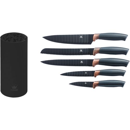 Messerblock KING "Carbon Design", schwarz (schwarz, kupferfarben), Ø:12cm, Messerblöcke, Messerblock, (5 Messer, 1 Messerblock), Wellenschliff