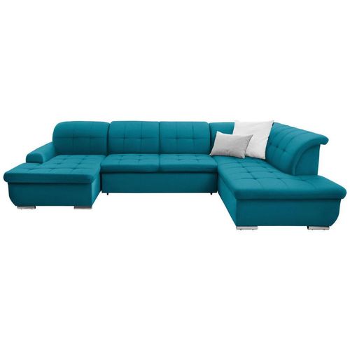 Cantus Wohnlandschaft, Petrol, Textil, Uni, 5-Sitzer, Ottomane rechts, U-Form, 342x208 cm, Made in EU, seitenverkehrt erhältlich, Hocker Rücken echt, Wohnzimmer, Sofas & Couches, Wohnlandschaften, Wohnlandschaften in U-Form