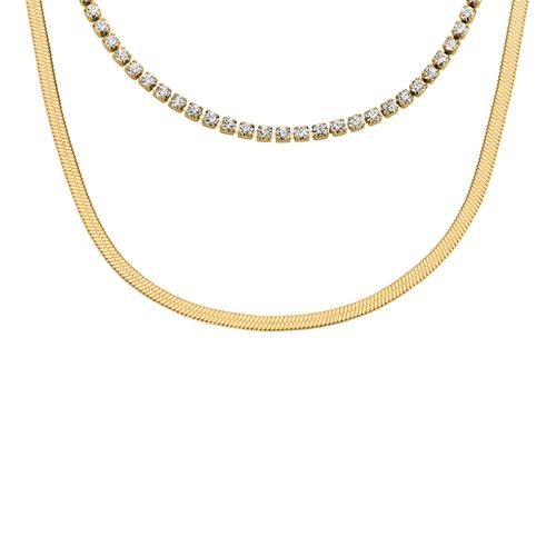 Kette ohne Anhänger FOSSIL "Schmuck Geschenk Edelstahl Halsschmuck ELLIS Layering", gelbgoldfarben, kristallweiß, Halsketten, Damen, Edelstahl, L: 45,5 B: 1,5mm, mit Glasstein, B:1,5mm