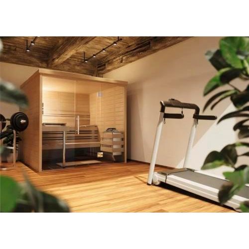 Bockbohlensauna RoRo ABN KG1 ohne Ofen mit Ganzglastür aus Klarglas und Ganzglasfensterfront