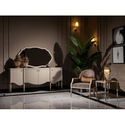 Wohnzimmer Garnitur 4tlg Sessel Beistelltisch Sideboard Spiegel Beige