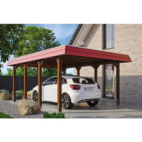 Einzelcarport SKAN HOLZ Spreewald rote Blende inkl. Pfostenanker 396 x 589 cm nussbaum