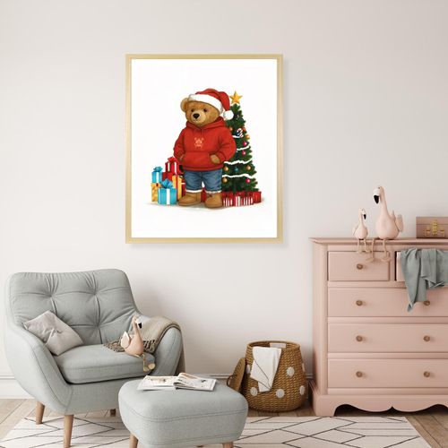 Bild mit Rahmen QUEENCE "Teddy Bär mit Weihnachtsmütze vor Tannenbaum", farbe rahmen: beige, farbe bild(er): rot, B:30cm H:40cm T:1,5cm, Acrylglas, Holzrahmen, Bilder, HD Premium Poster-Druck inkl. Echtholzrahmen in beige
