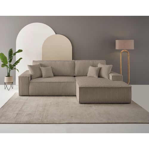 Ecksofa OTTO HOME "FINNLEY, L-Form 257 cm, Schlafsofa", grau (taupe), B:267cm H:85cm T:167cm, Bezugstoff 100% PES ;Gramatur 400g/qm +/- 5%, Sofas, Ecksofa, mit Bettkasten, in Bouclé, Struktur fein und Mega Cord
