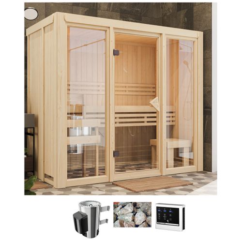 Sauna KARIBU "Alani 2", natur, Saunaofen, externe Steuerung, 3,6 kW, Saunen, Ofen 3,6 kW externe Strg.easy