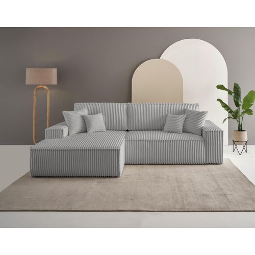 Ecksofa OTTO HOME "FINNLEY, L-Form 257 cm, Schlafsofa", grau, B:267cm H:85cm T:167cm, Bezugstoff 100% PES ;Gramatur 400g/qm +/- 5%, Sofas, Ecksofa, mit Bettkasten, in Bouclé, Struktur fein und Mega Cord