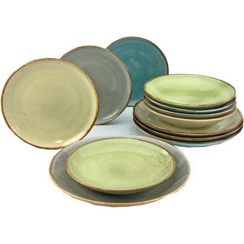 Tafelservice CREATABLE "Geschirr-Set NATURE COLLECTION", bunt (grau, blau, grün, sand), 12 Stk., Steinzeug, Geschirr-Sets, Tafelservice, Service, 12 Teile, für 4 Personen