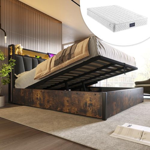 Metallbett 160x200cm Polsterbett (Mit Matratze) Grau Leinen Doppelbett Mit USB Ladefunktion und LED-Beleuchtung Lattenrost aus Holz