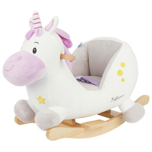 Schaukeltier Einhorn Hörnchen , Lila, Natur, Weiß , Holz, Textil , 60x58x33 cm , Fußstützen, Haltegriffe, gepolsterte Sitzfläche, Gurtsystem , Spielzeug, Babyspielzeug, Schaukeltiere & Hüpftiere