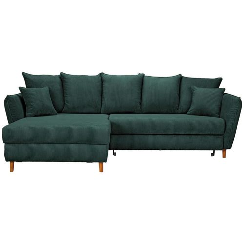 Carryhome Ecksofa, Dunkelgrün, Textil, Eiche, massiv, 3-Sitzer, Füllung: Schaumstoff, Ottomane links, seitenverkehrt montierbar, L-Form, 284x162 cm, Made in EU, Liegefunktion, Rücken echt, Wohnzimmer, Sofas & Couches, Wohnlandschaften, Ecksofas