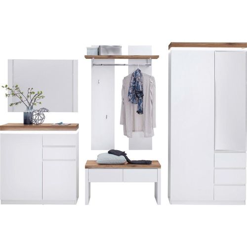 Novel Garderobe Romina, Weiß, Eiche, Holz, Glas, Holzwerkstoff, 5-teilig, Eiche, massiv, 285x198x38 cm, Garderobe, Garderoben-Sets & Serien, Garderoben-Sets
