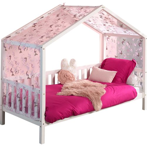 Hausbett Dallas 2 90x200 mit Bettkasten und Voile mit Schmetterlingsmuster - weiß/rosa